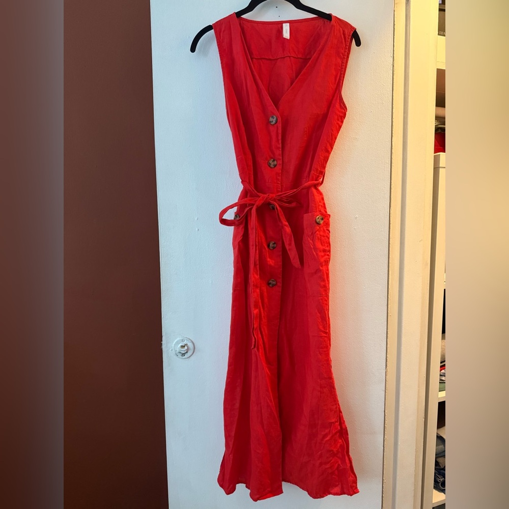 Mango Linen Red Button-Down Dress